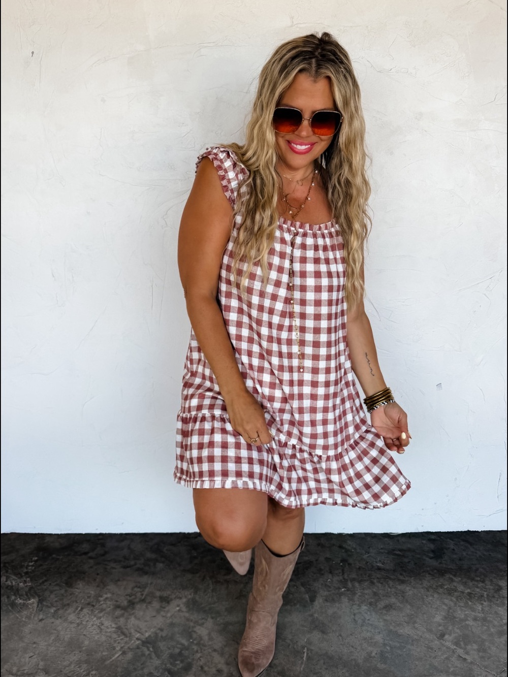 Rust Gingham Ruffle Sleeve Mini Dress